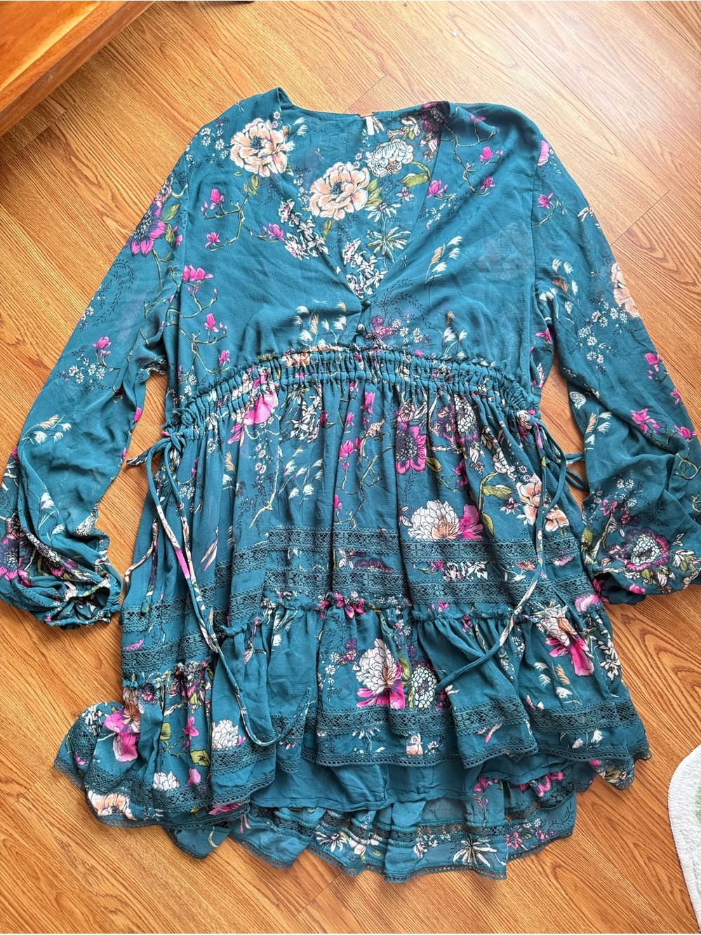 Free People Teal Floral Long Sleeve Tiered Mini Dress Size M💙